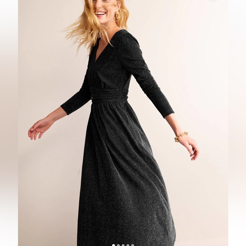Boden Shimmering Sparkle Ruched Black Long Sleeve Midi Dress 6R NWT - Picture 2 of 6